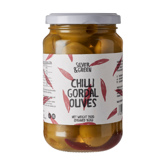 Silver and Green Chilli Pitted Gordal Olives